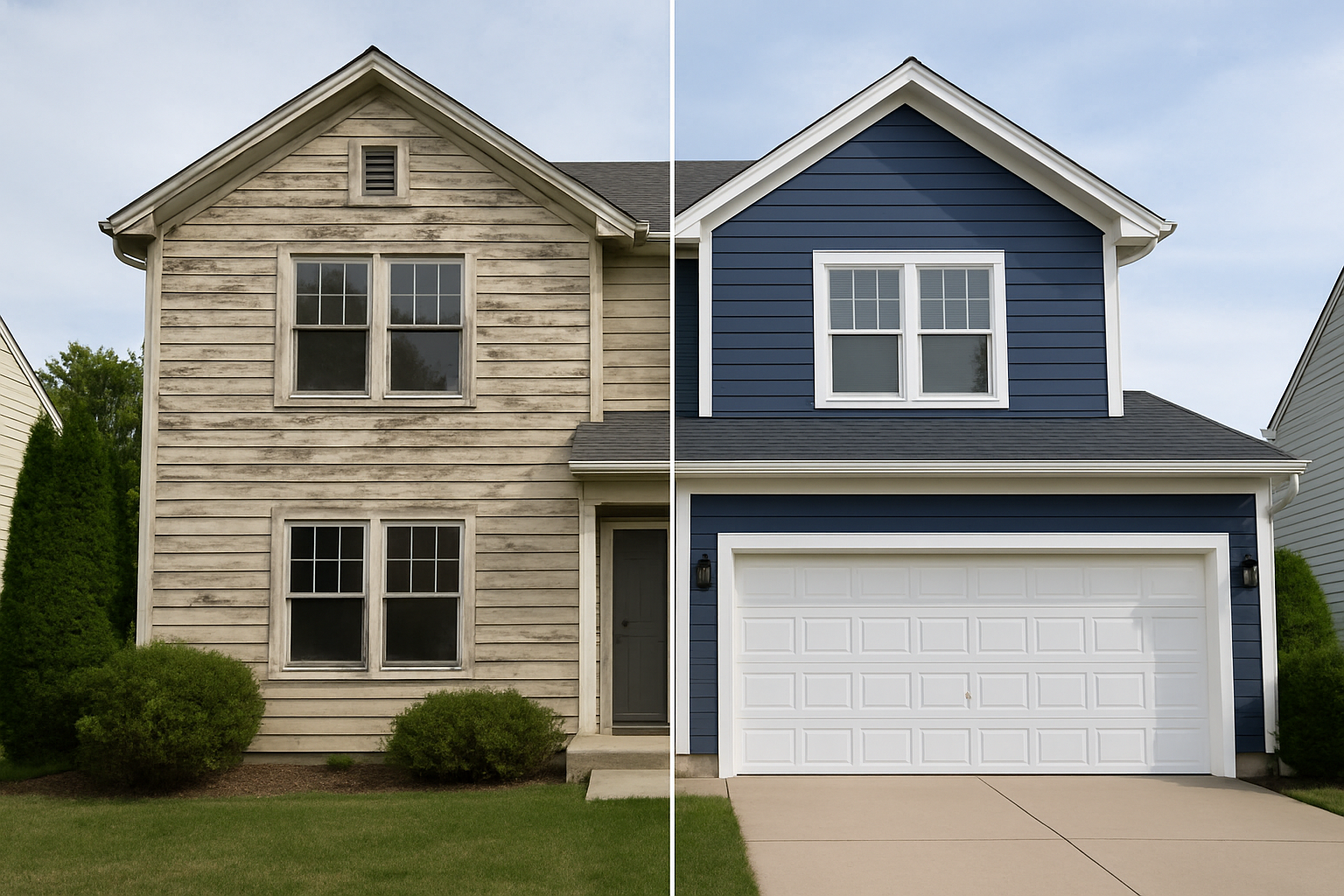 Before and after exterior painting transformation showing dramatic home improvement from weathered, faded exterior to stunning fresh paint in professional colors