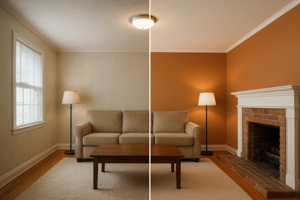 Before and after interior painting transformation showing a dramatic room makeover from dull, faded walls to fresh, modern paint in warm earthy tones with matte finish in Boston home