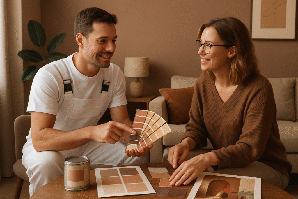 Professional interior painter consulting with homeowner about paint colors and 2025 design trends using color swatches and paint samples showing warm earthy tones and matte finishes