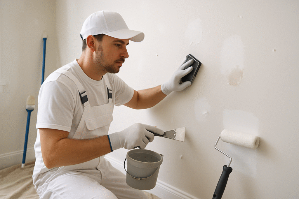 Professional interior painter carefully preparing walls for painting using proper surface preparation techniques including sanding, filling holes, and priming with professional tools and materials